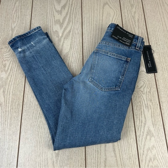 Veronica Beard Ryleigh Patched Knee Straight Leg Jeans 24/00 Atlas Blue $328 - Picture 6 of 13